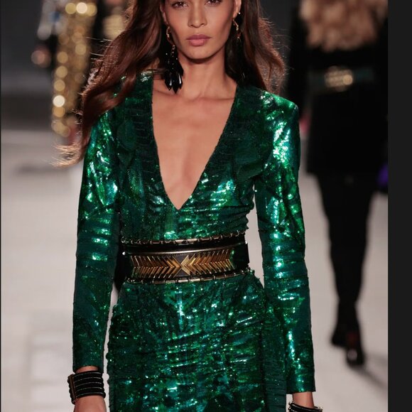 Balmain × H&M 2015 Runway Emerald Green Sequin Zipper Plunge Dress Size 2 NWT - Picture 3 of 14